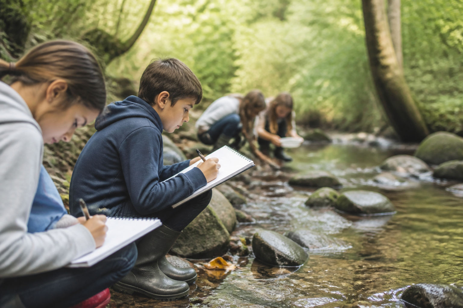 Élèves de primaire munis de carnets observant le lit d'un ruisseau avec leur enseignante lors d'une classe de découverte