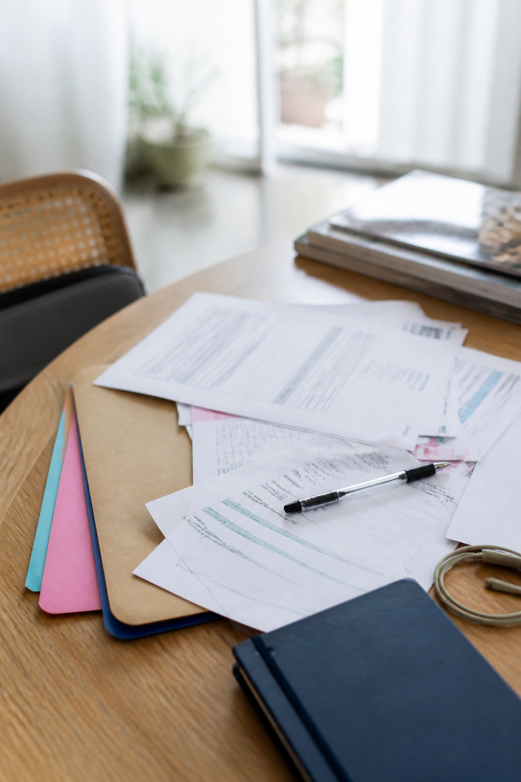Pièces d'un dossier d'inscription posées à plat sur une table : fiche sanitaire, photocopie de carnet de vaccination, attestation d'assurance et photo d'identité
